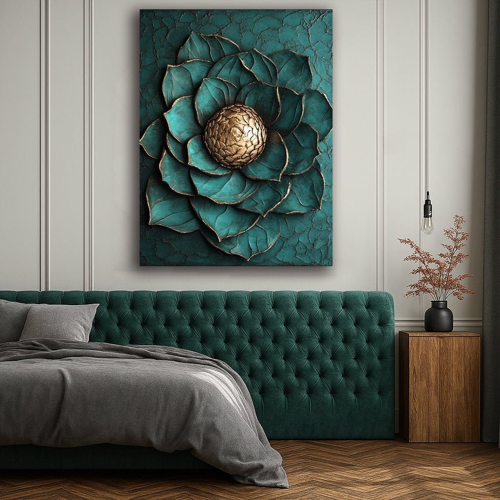 Golden Bloom on Teal – Luxe Floral Wall Art Canvas - Sense for Decor