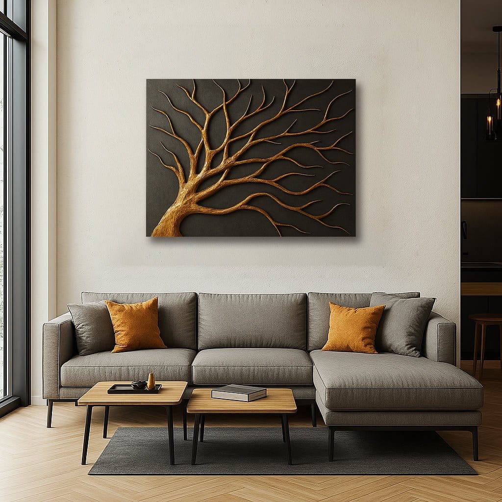 Golden Branch Wall Art – Minimalist Tree Canvas for Modern Living Room Decor - Sense for Decor