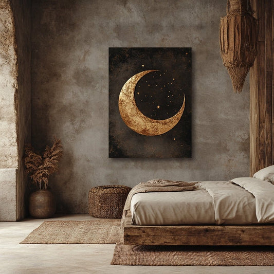 Golden Crescent Moon Canvas Wall Art – Celestial Boho Decor - Sense for Decor