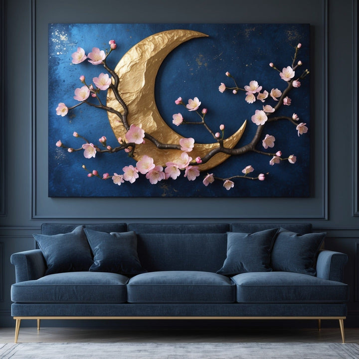 Golden Crescent Moon & Cherry Blossom Wall Art Flat Canvas Print on Midnight Blue Beautiful - Sense for Decor