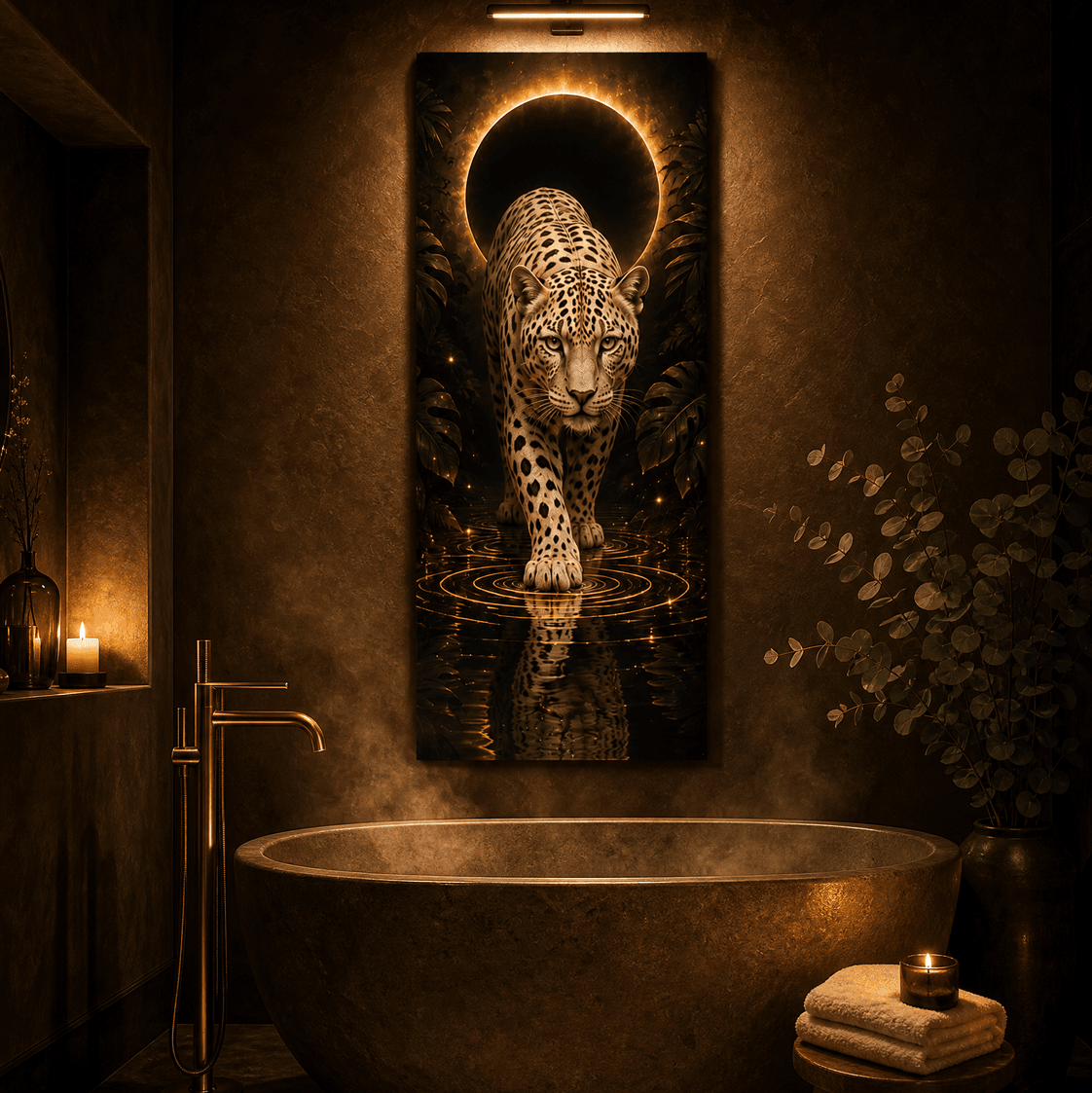 Golden Eclipse Jaguar Wall Art – Textured Gold and Black Big Cat Canvas for Living Room - Sense for Decor