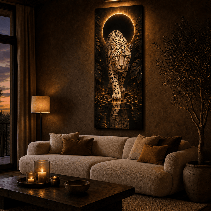 Golden Eclipse Jaguar Wall Art – Textured Gold and Black Big Cat Canvas for Living Room - Sense for Decor