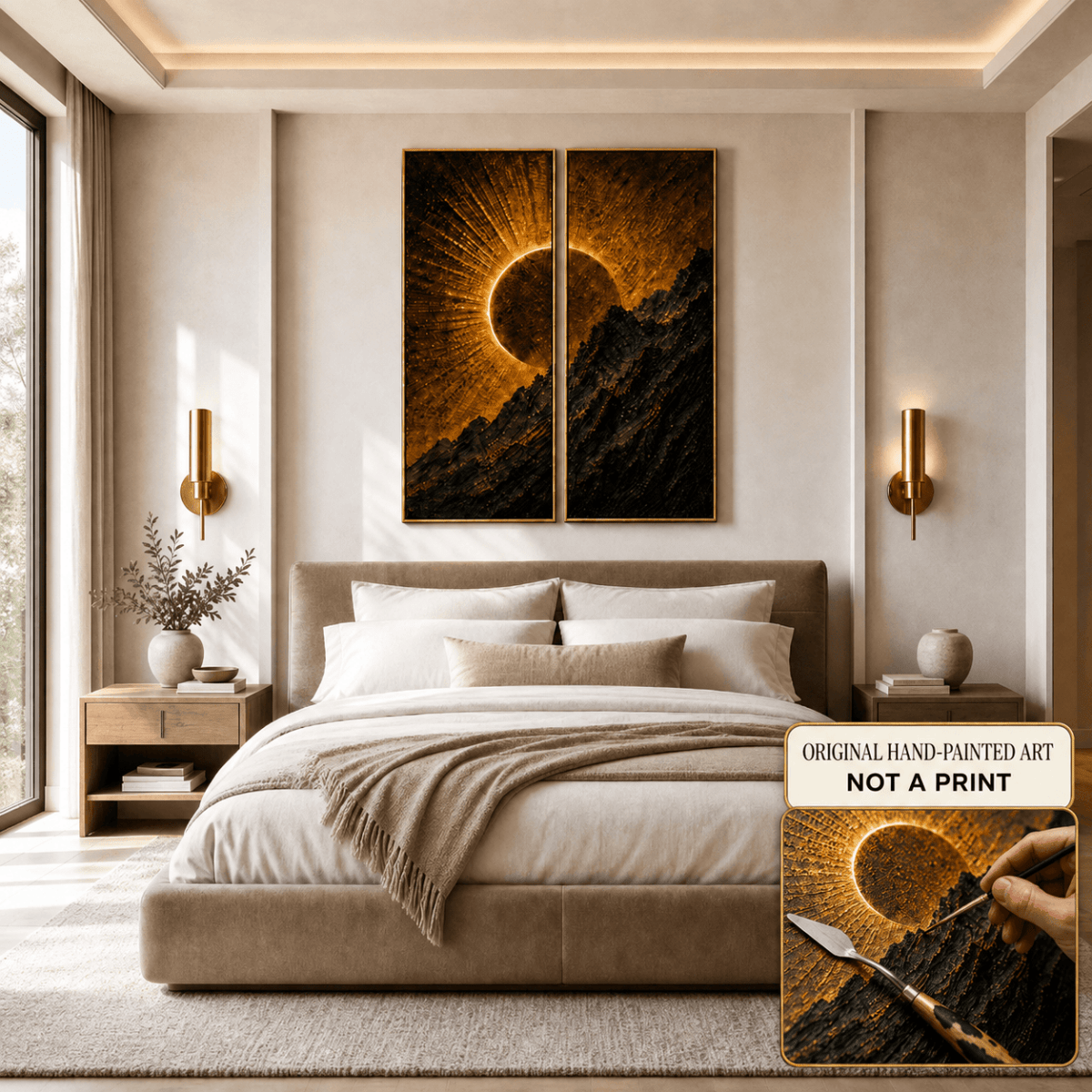 Golden Eclipse Mountain Wall Art – Hand Painted Atelier Collection - Sense for Decor