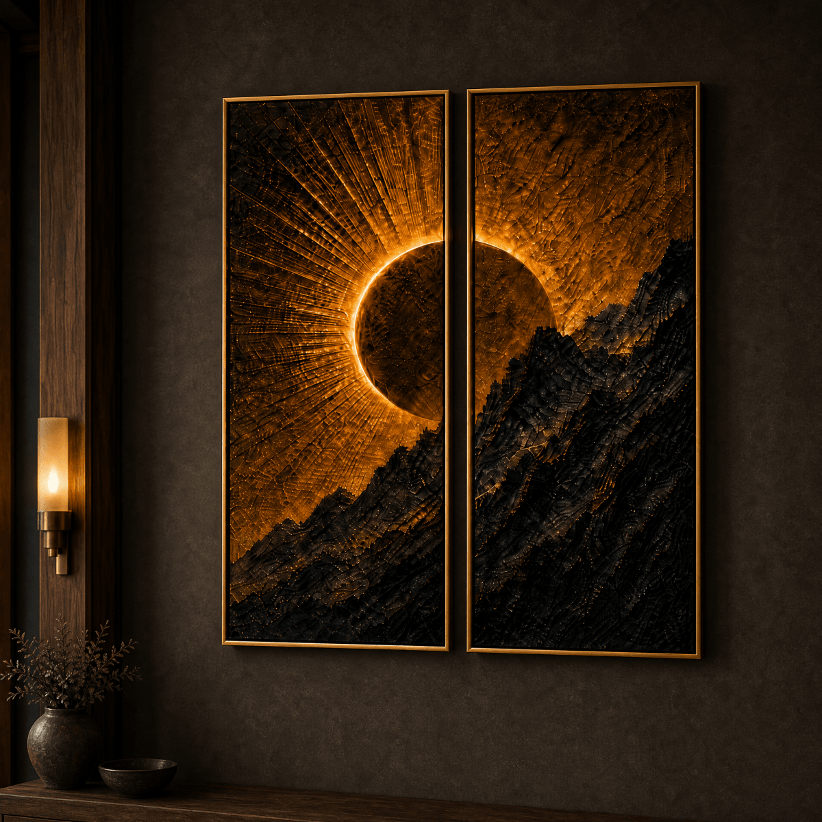 Golden Eclipse Mountain Wall Art – Luxury 2 Panel Sculptural Sunrise Canvas Set - Sense for Decor