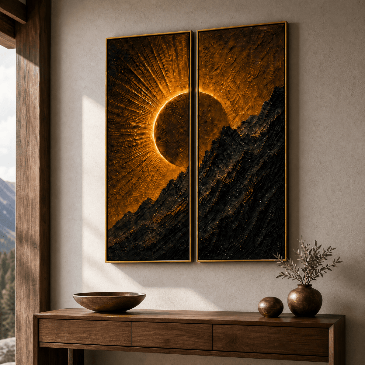Golden Eclipse Mountain Wall Art – Luxury 2 Panel Sculptural Sunrise Canvas Set - Sense for Decor