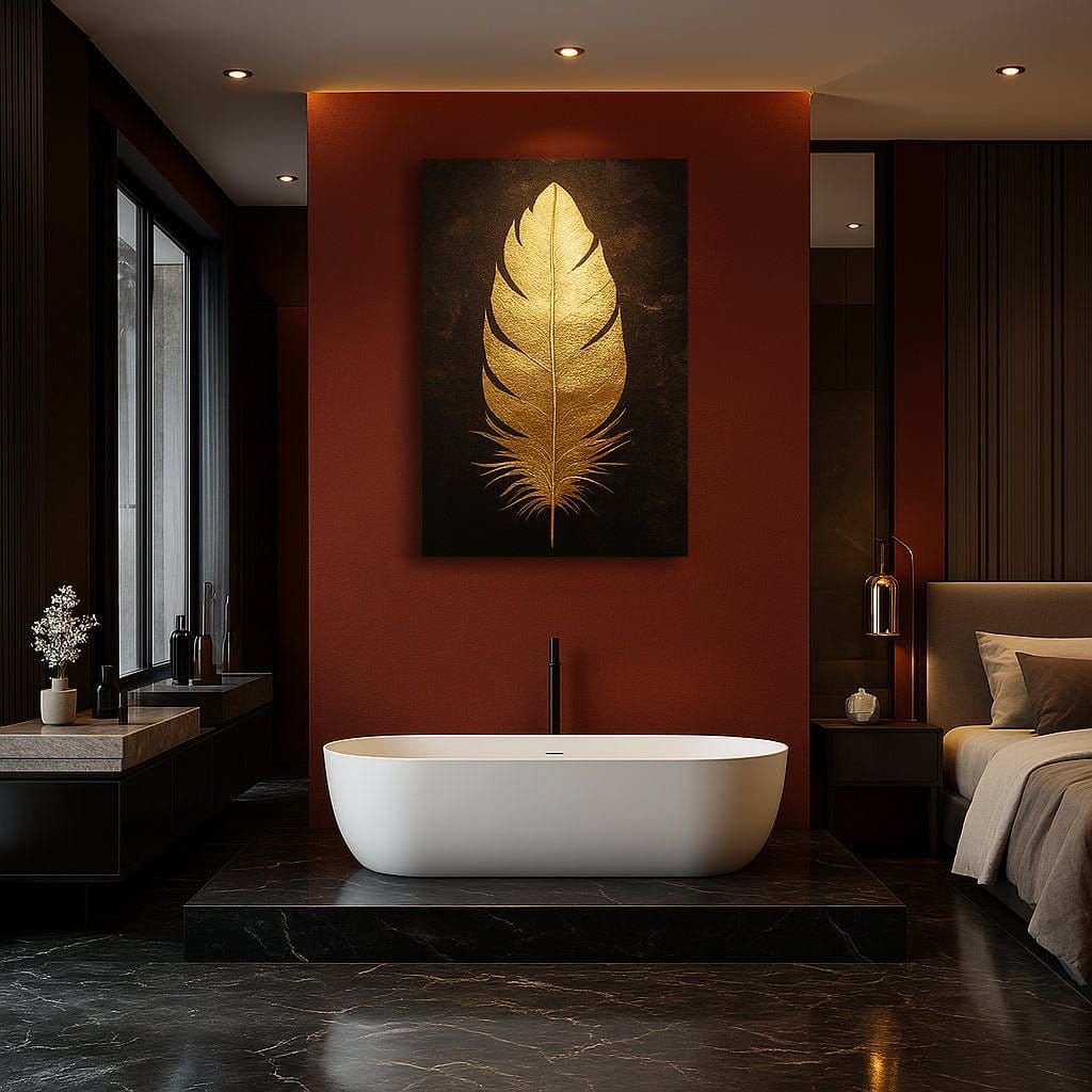 Golden Feather Wall Art – Black and Gold Canvas for Luxury Modern Interiors - Sense for Decor