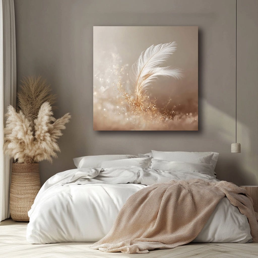 Golden Feather Whispers – Soft Beige Wall Art Canvas - Sense for Decor