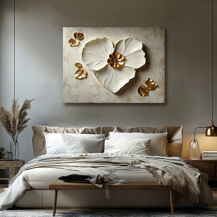 Golden Floral Heart Wall Art – Elegant Canvas for Bedroom & Romantic Interiors - Sense for Decor