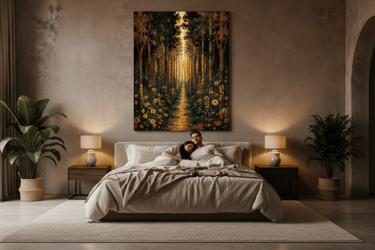 Golden Forest Path Wall Art – Modern Nature Canvas Decor (Flat or 3D Hand - Embellished Finish) - Sense for Decor