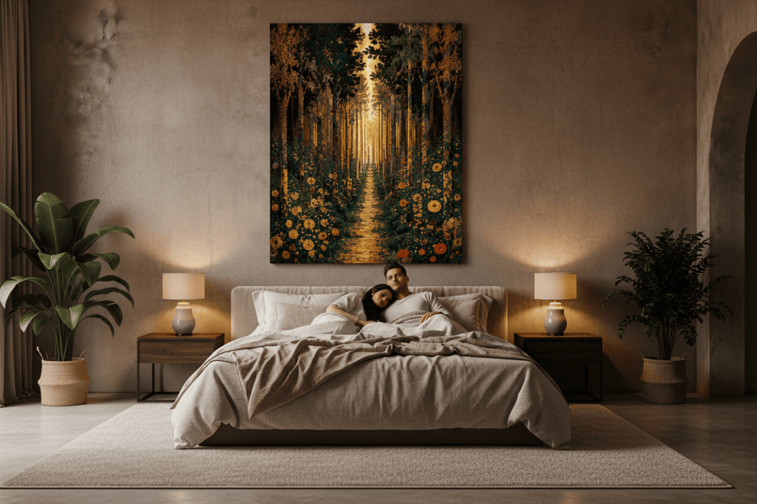 Golden Forest Path Wall Art – Modern Nature Canvas Decor (Flat or 3D Hand - Embellished Finish) - Sense for Decor