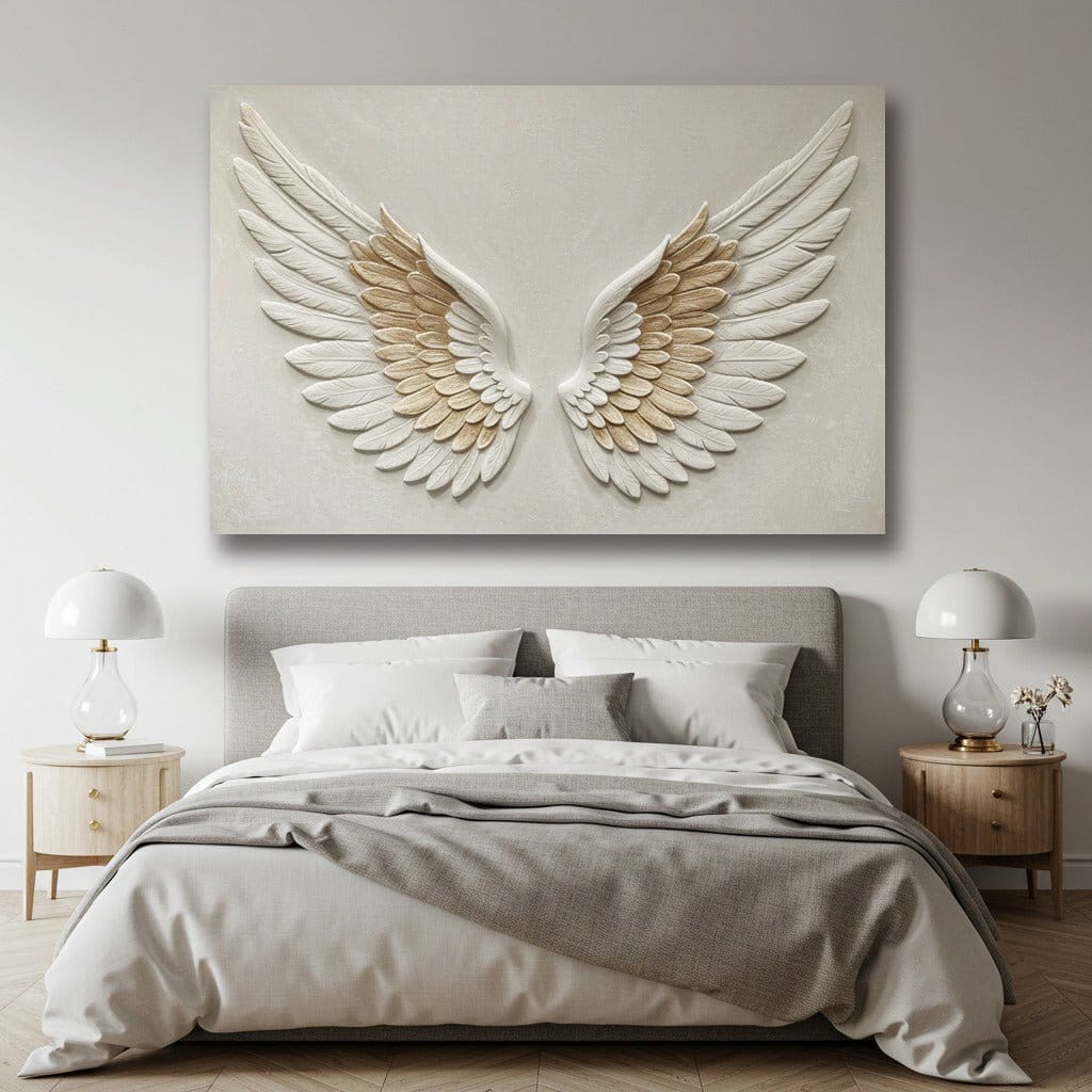 Golden Grace Angel Wings Wall Art – Neutral & Gold Canvas for Serene Spaces - Sense for Decor