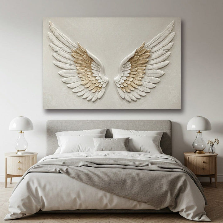 Golden Grace Angel Wings Wall Art – Neutral & Gold Canvas for Serene Spaces - Sense for Decor