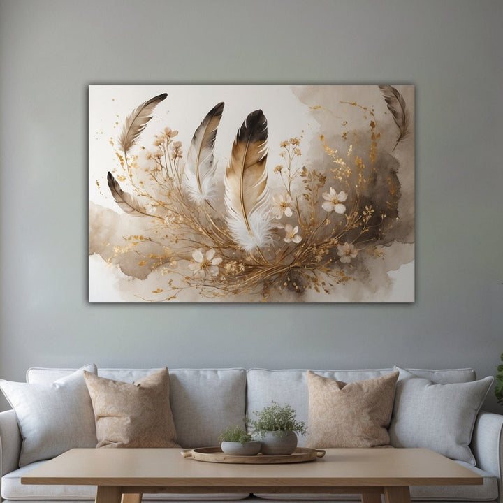 Golden Grace Feather & Floral Canvas Wall Art - Sense for Decor