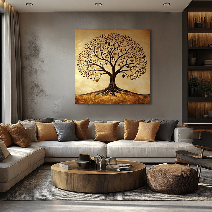 Golden Harmony Tree – Elegant Abstract Tree Wall Art Canvas in Gold Tones - Sense for Decor