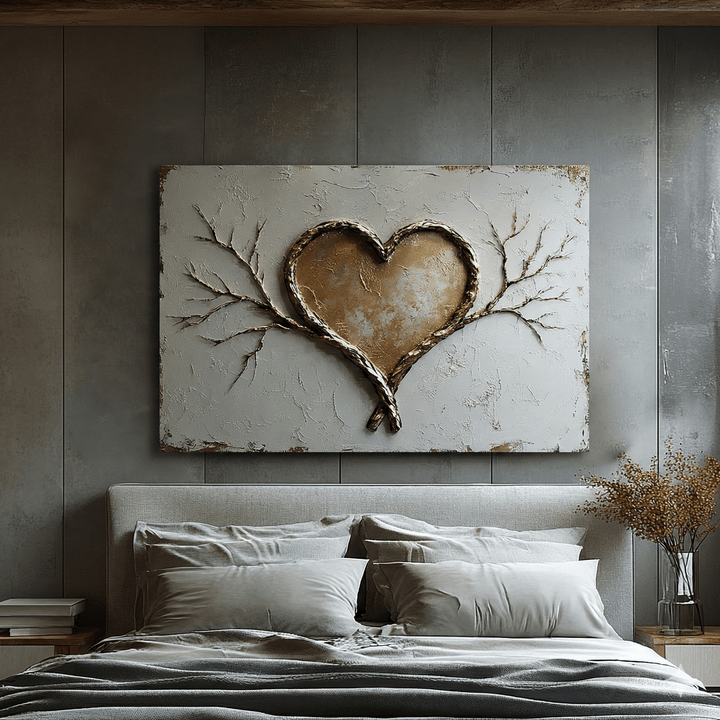 Golden Heart Branch Wall Art – Romantic Canvas for Cozy Modern Spaces - Sense for Decor