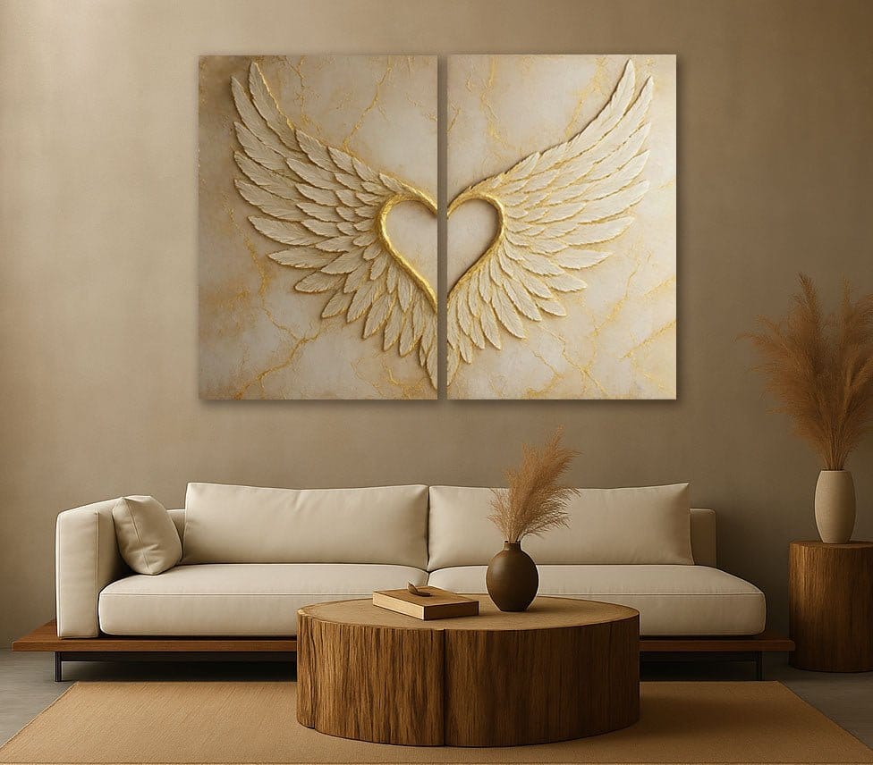 Golden Heart Wings Wall Art Set 2 Panel Angel Wings Canvas Print - Sense for Decor