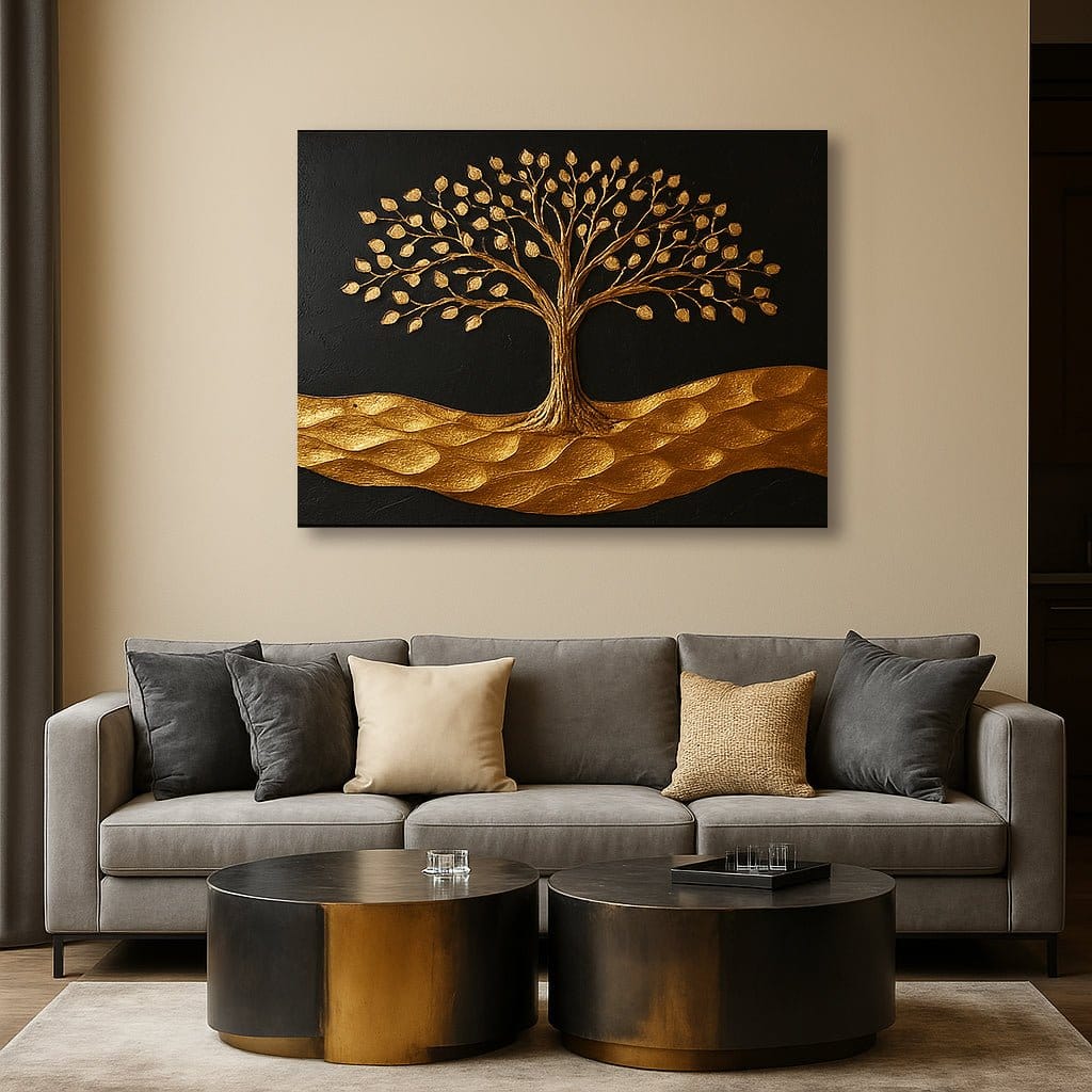 Golden Horizon Tree Wall Art – Black & Gold Canvas for Elegant Living Room Decor - Sense for Decor