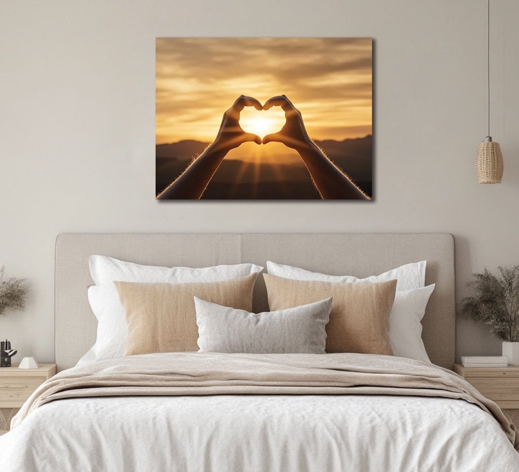 Golden Hour Heart Hands Wall Art – Romantic Sunset Canvas for Couples - Sense for Decor