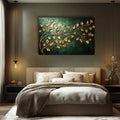 Golden Leaves Wall Art – Elegant Gold on Emerald Green Canvas for Bedroom & Luxe Interiors