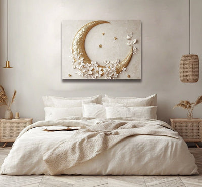 Golden Moon Bloom – Crescent Moon & Floral Canvas Coastal Wall Art - Sense for Decor