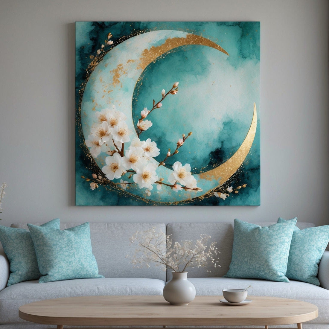 Golden Moon & Blossom Harmony – Tranquil Teal Canvas Wall Art - Sense for Decor
