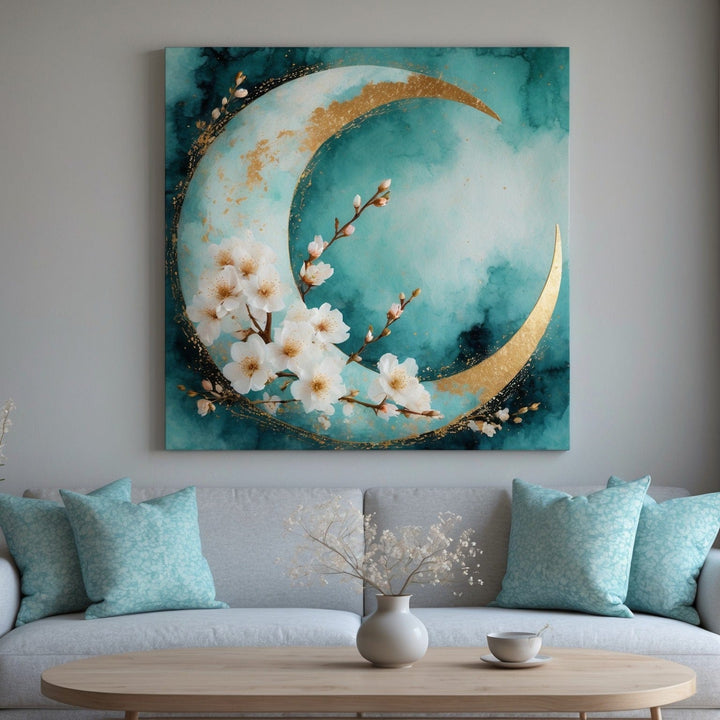 Golden Moon & Blossom Harmony – Tranquil Teal Canvas Wall Art - Sense for Decor