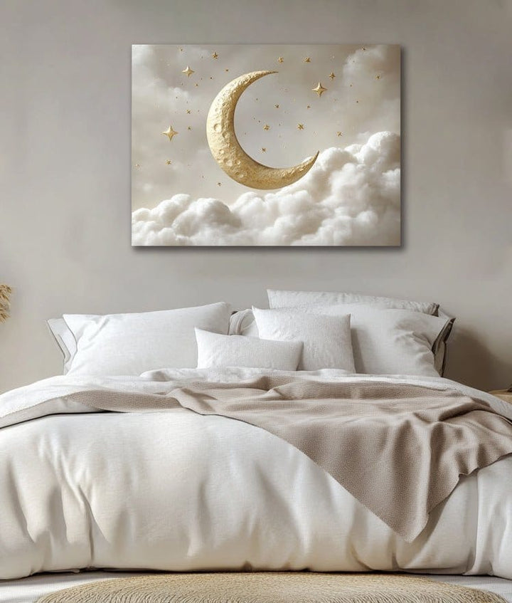 Golden Moon Dreams – Crescent & Stars Canvas Wall Art - Sense for Decor