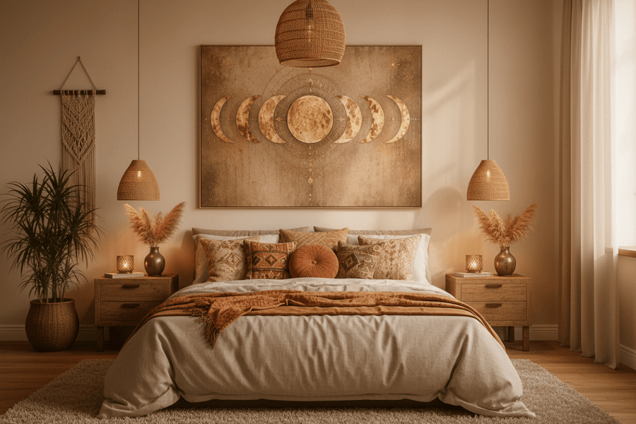 Golden Moon Phase Wall Art – Boho Celestial Canvas Print for Living Room & Bedroom Decor - Sense for Decor