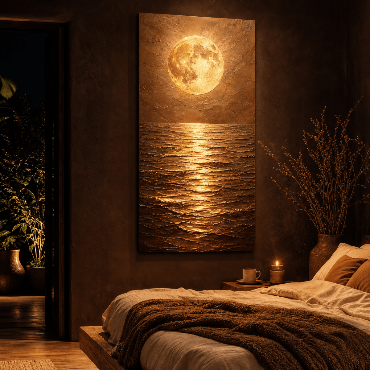 Golden Moon Wall Art – Textured Gold & Bronze Ocean Reflection Canvas for Living Room - Sense for Decor