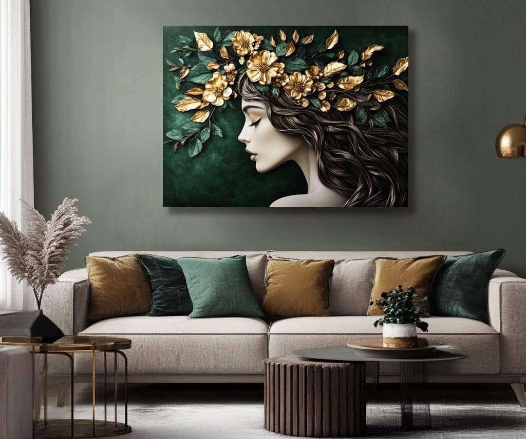 Golden Muse – Feminine Floral Wall Art on Deep Emerald Canvas - Sense for Decor