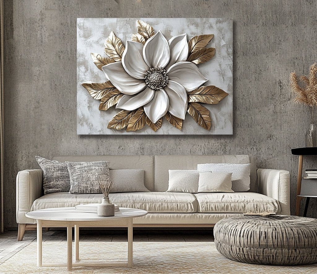 Golden Petal Harmony – White and Gold Floral Wall Art on Canvas - Sense for Decor