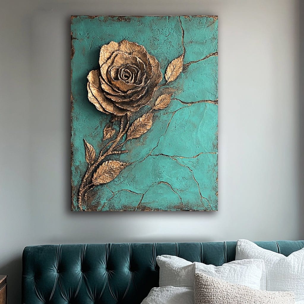 Golden Rose on Teal – Elegant Floral Wall Art Canvas - Sense for Decor