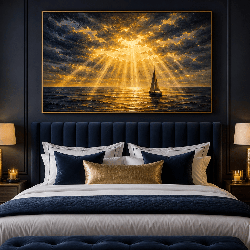 Golden Sailboat Seascape Wall Art | Hand-Embellished Stormy Ocean Canvas | Large Navy & Gold Statement Piece | Dramatic Coastal Painting - Sense for Decor