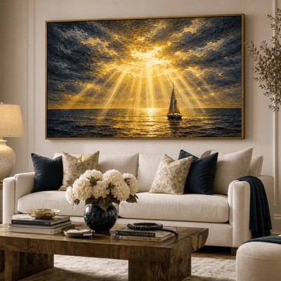 Golden Sailboat Seascape Wall Art | Hand-Embellished Stormy Ocean Canvas | Large Navy & Gold Statement Piece | Dramatic Coastal Painting - Sense for Decor
