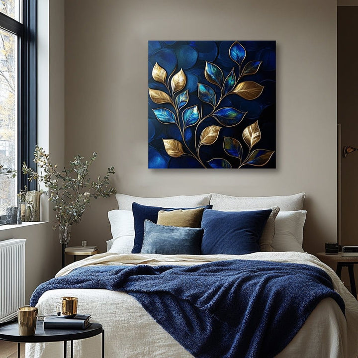Golden Sapphire Leaves Wall Art – Blue & Gold Botanical Canvas for Modern Bedroom Decor - Sense for Decor