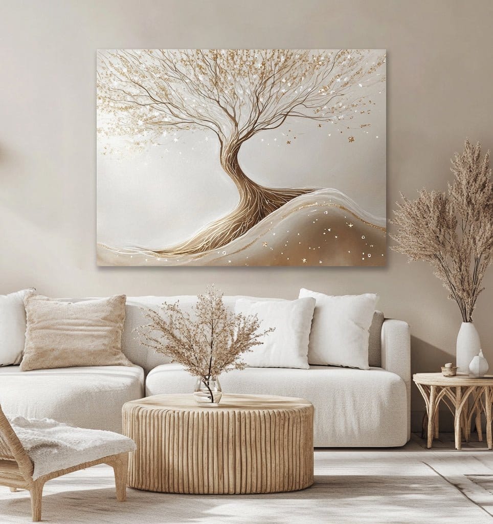 Golden Serenity Tree – Elegant Minimalist Canvas Wall Art - Sense for Decor