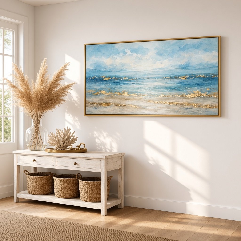 Golden Shore Wall Art – Oversized Panoramic Blue and Gold Coastal Seascape Textured Look Canvas for Living Room - Sense for Decor