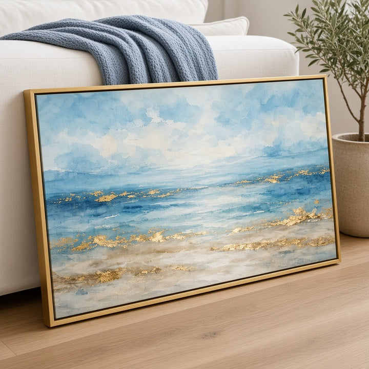 Golden Shore Wall Art – Oversized Panoramic Blue and Gold Coastal Seascape Textured Look Canvas for Living Room - Sense for Decor