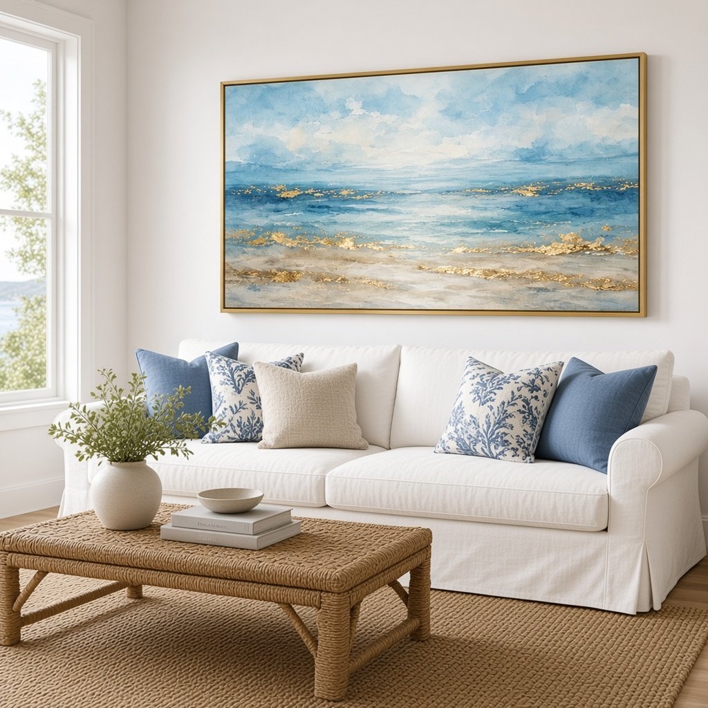 Golden Shore Wall Art – Oversized Panoramic Blue and Gold Coastal Seascape Textured Look Canvas for Living Room - Sense for Decor
