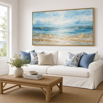 Golden Shore Wall Art – Oversized Panoramic Blue and Gold Coastal Seascape Textured Look Canvas for Living Room - Sense for Decor