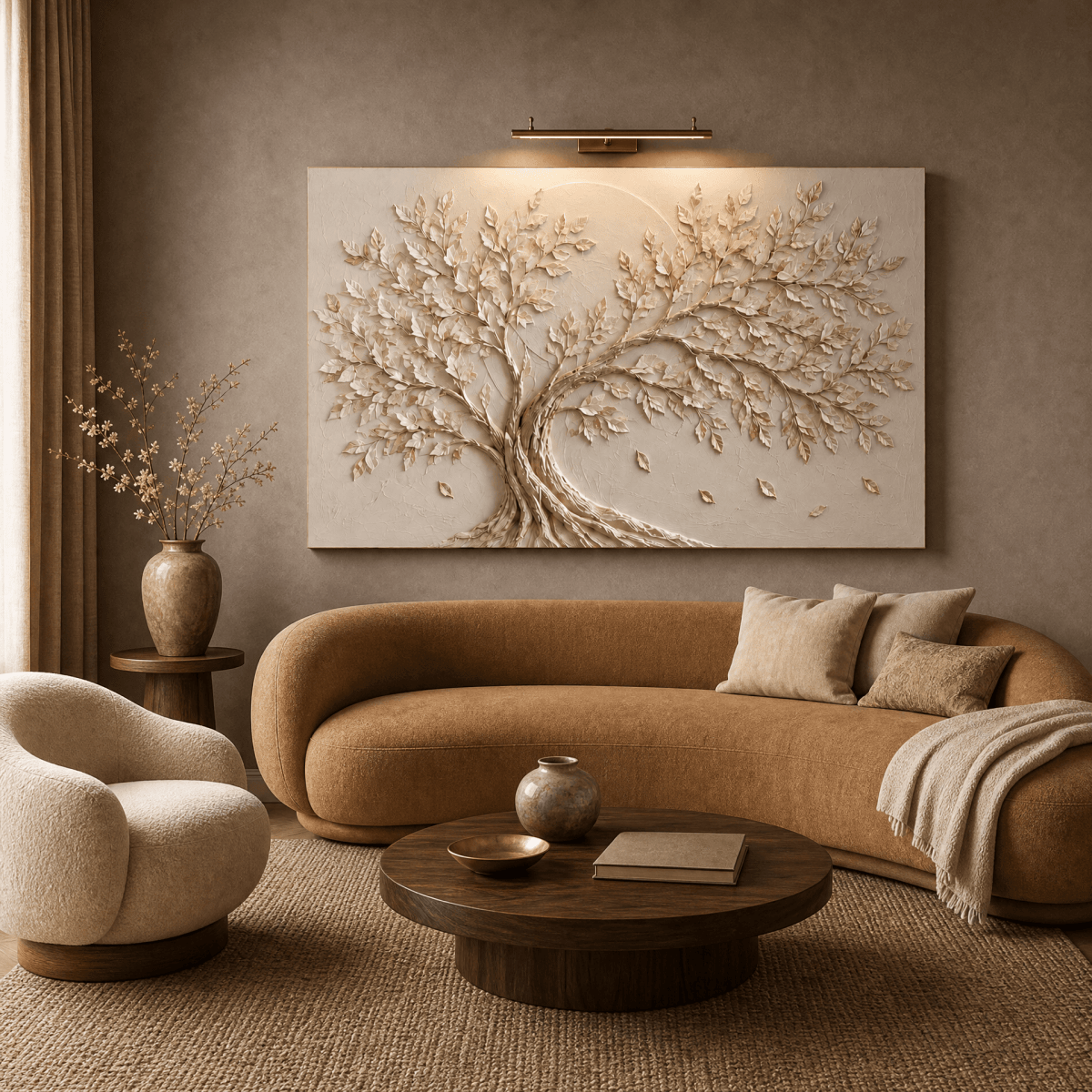 Golden Tree of Life Wall Art – Textured Cream & Gold Relief Canvas for Living Room - Sense for Decor