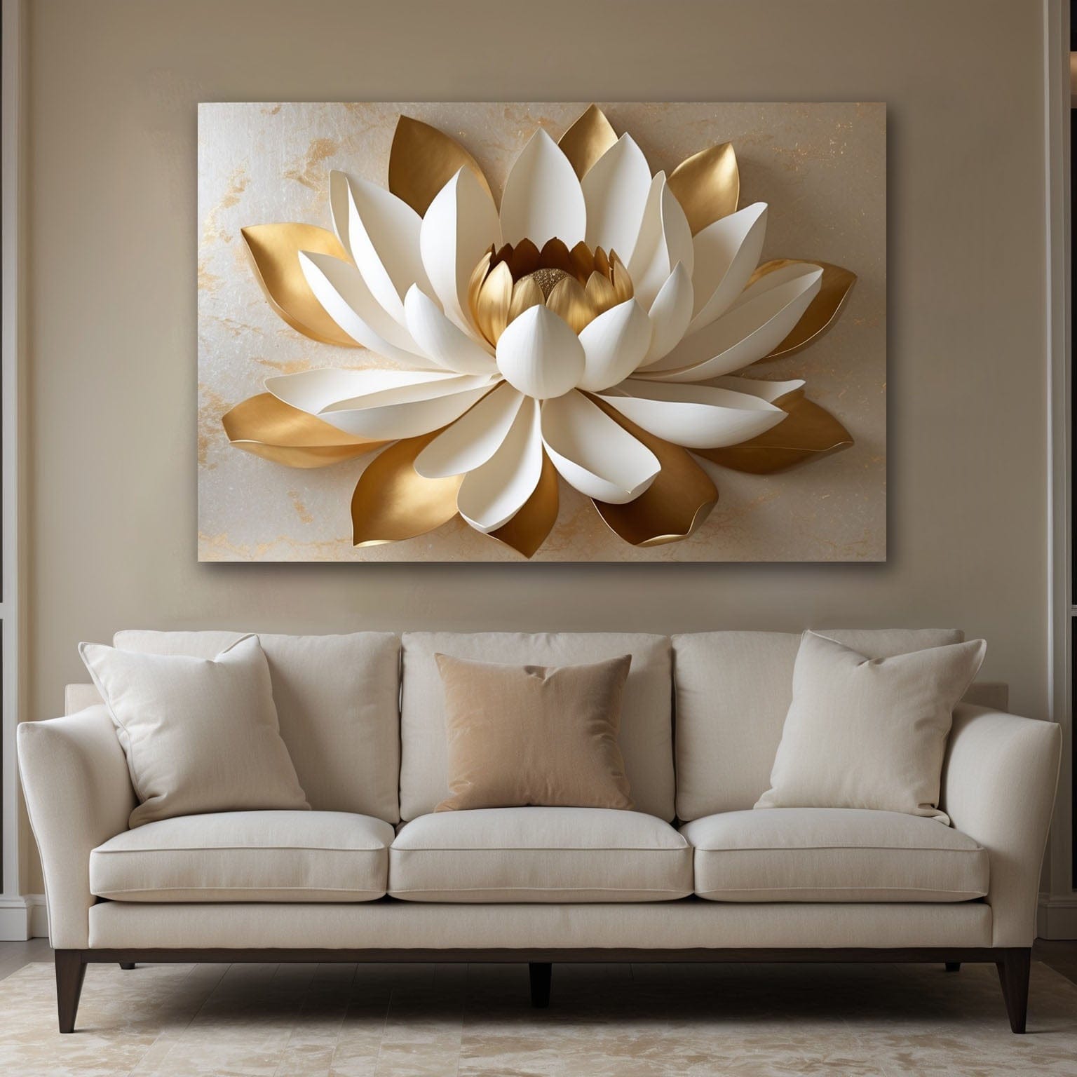 Golden White Lotus Wall Art Flat Printed Canvas with Elegant Floral Design - Sense for Decor