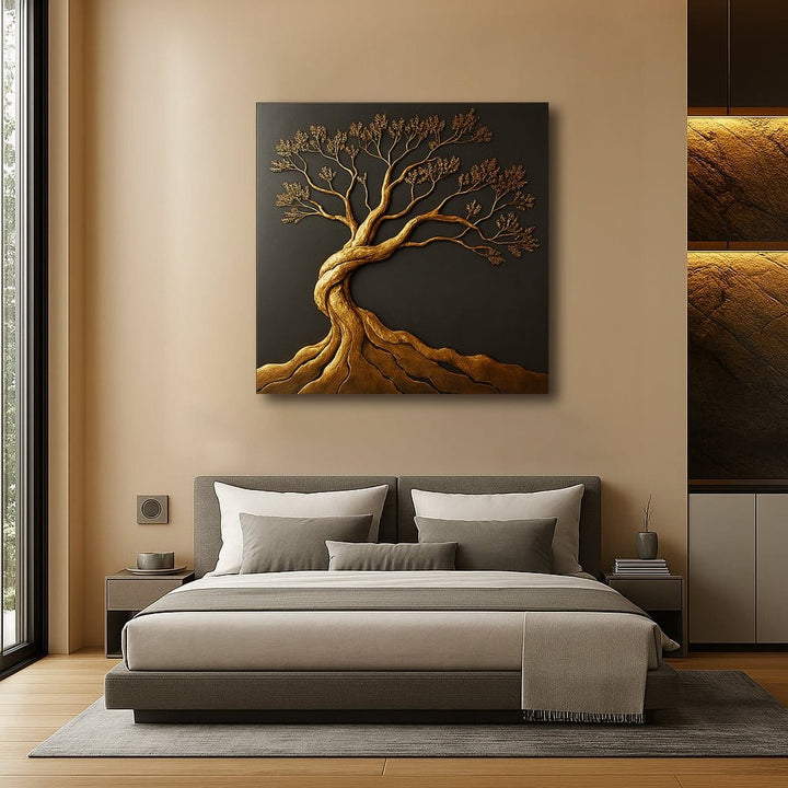 Golden Wisdom Tree Wall Art – Elegant Black and Gold Canvas for Bedroom & Modern Interiors - Sense for Decor