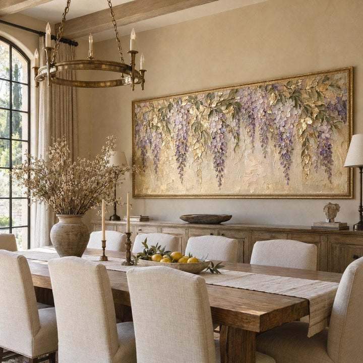 Golden Wisteria Wall Art – Oversized Panoramic Textured Look Canvas for Dining Room - Sense for Decor