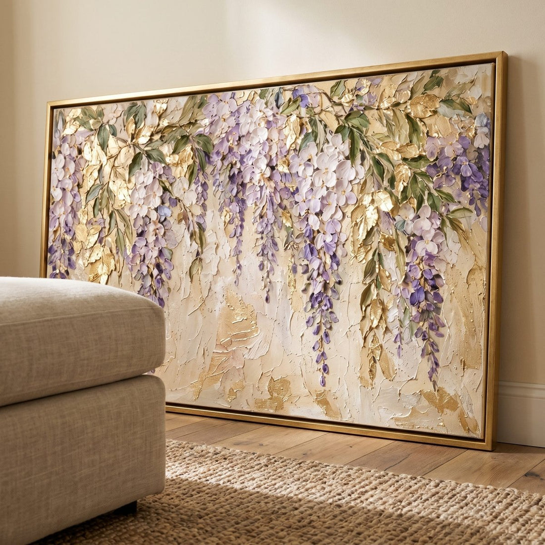 Golden Wisteria Wall Art – Oversized Panoramic Textured Look Canvas for Dining Room - Sense for Decor