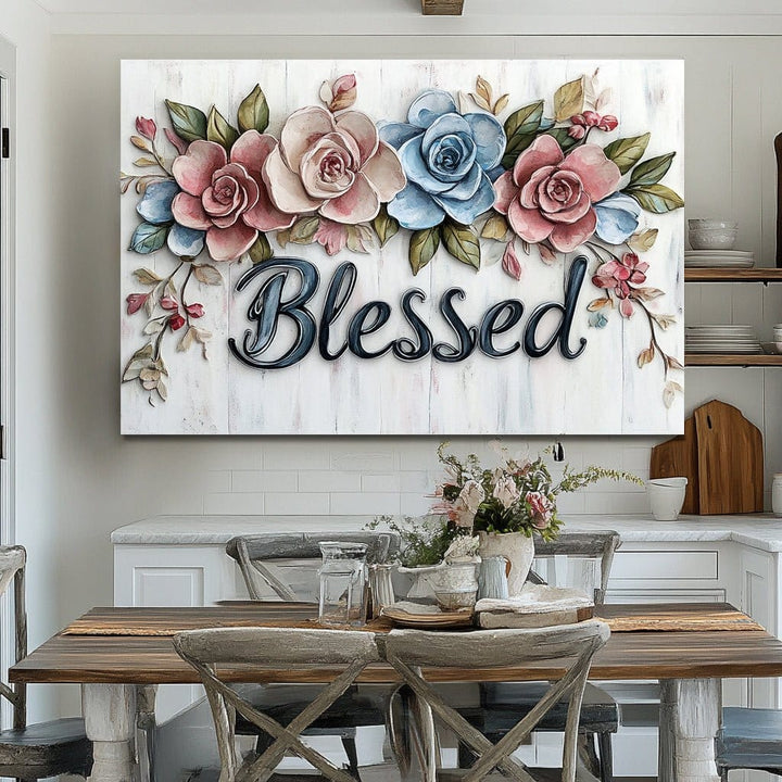 Grace in Bloom – Rustic Rose & Blue Floral “Blessed” Wall Art Canvas - Sense for Decor