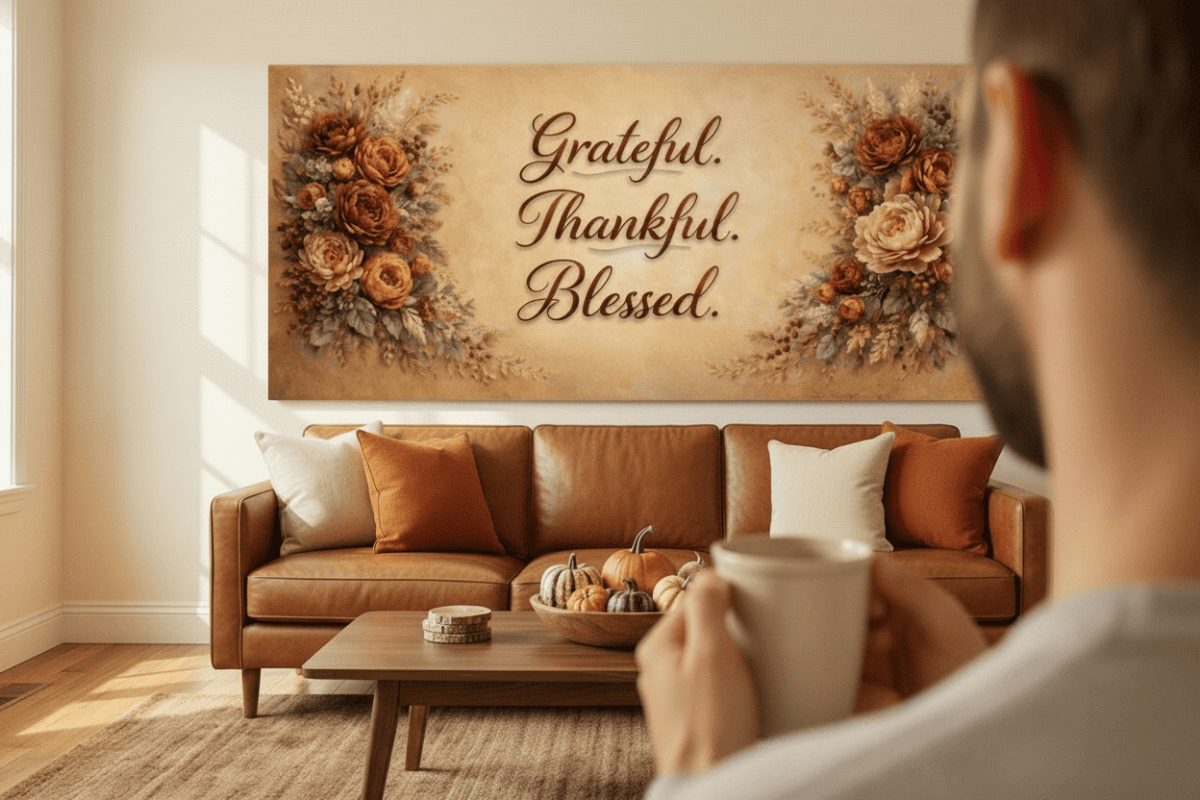 Grateful Thankful Blessed Wall Art - Warm Autumn Floral Canvas with Rust and Ochre Peonies - Sense for Decor