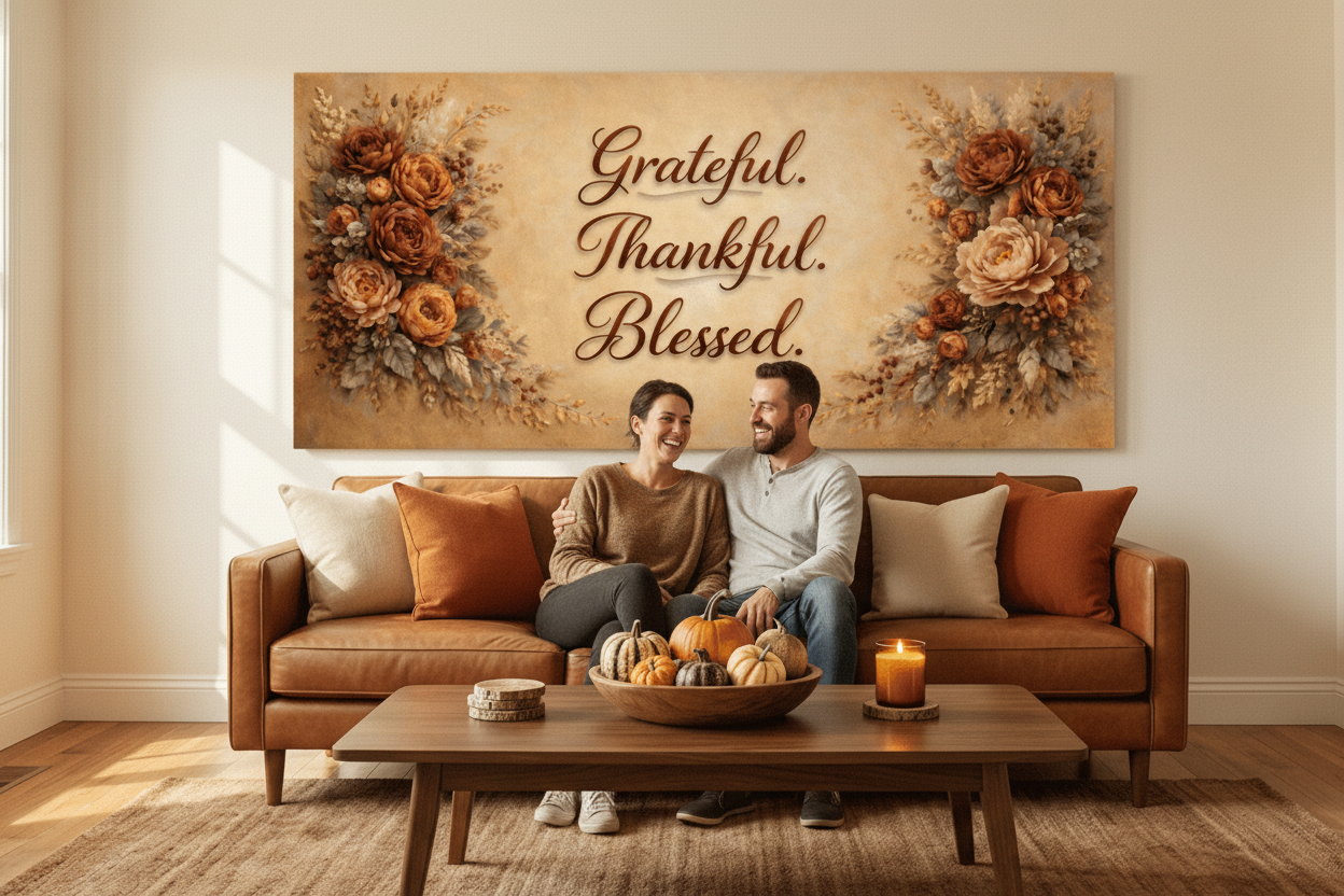 Grateful Thankful Blessed Wall Art - Warm Autumn Floral Canvas with Rust and Ochre Peonies - Sense for Decor