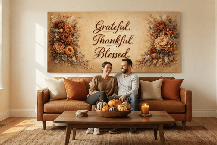 Grateful Thankful Blessed Wall Art - Warm Autumn Floral Canvas with Rust and Ochre Peonies - Sense for Decor