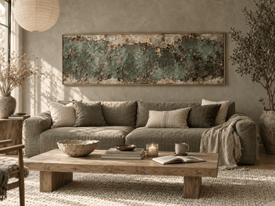 Green and Gold Wall Art – Oversized Verdigris Patina Textured Look Canvas for Living Room - Sense for Decor